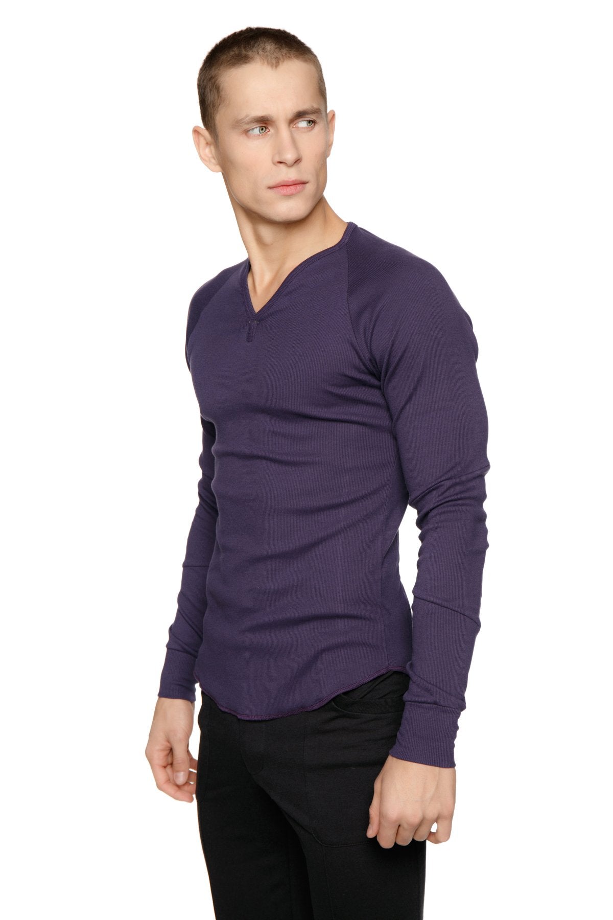 A sleek deep purple thermal v-neck long sleeve shirt with a fitted silhouette perfect for cold weather layering