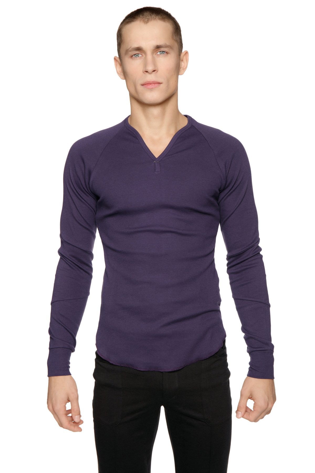 A sleek deep purple thermal v neck long sleeve shirt with a subtle zipper detail at the neckline