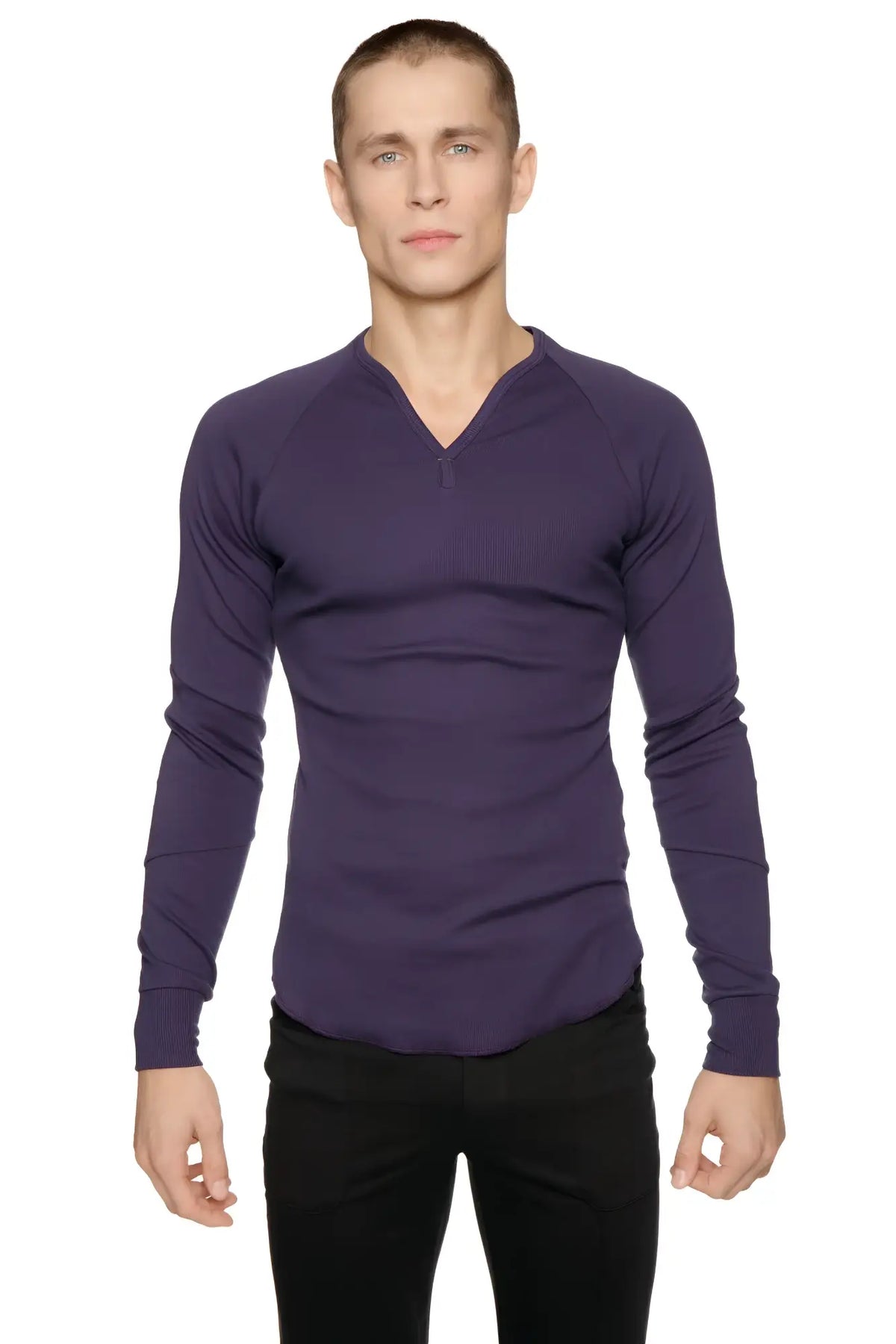 A sleek deep purple thermal v neck long sleeve shirt with a subtle zipper detail at the neckline