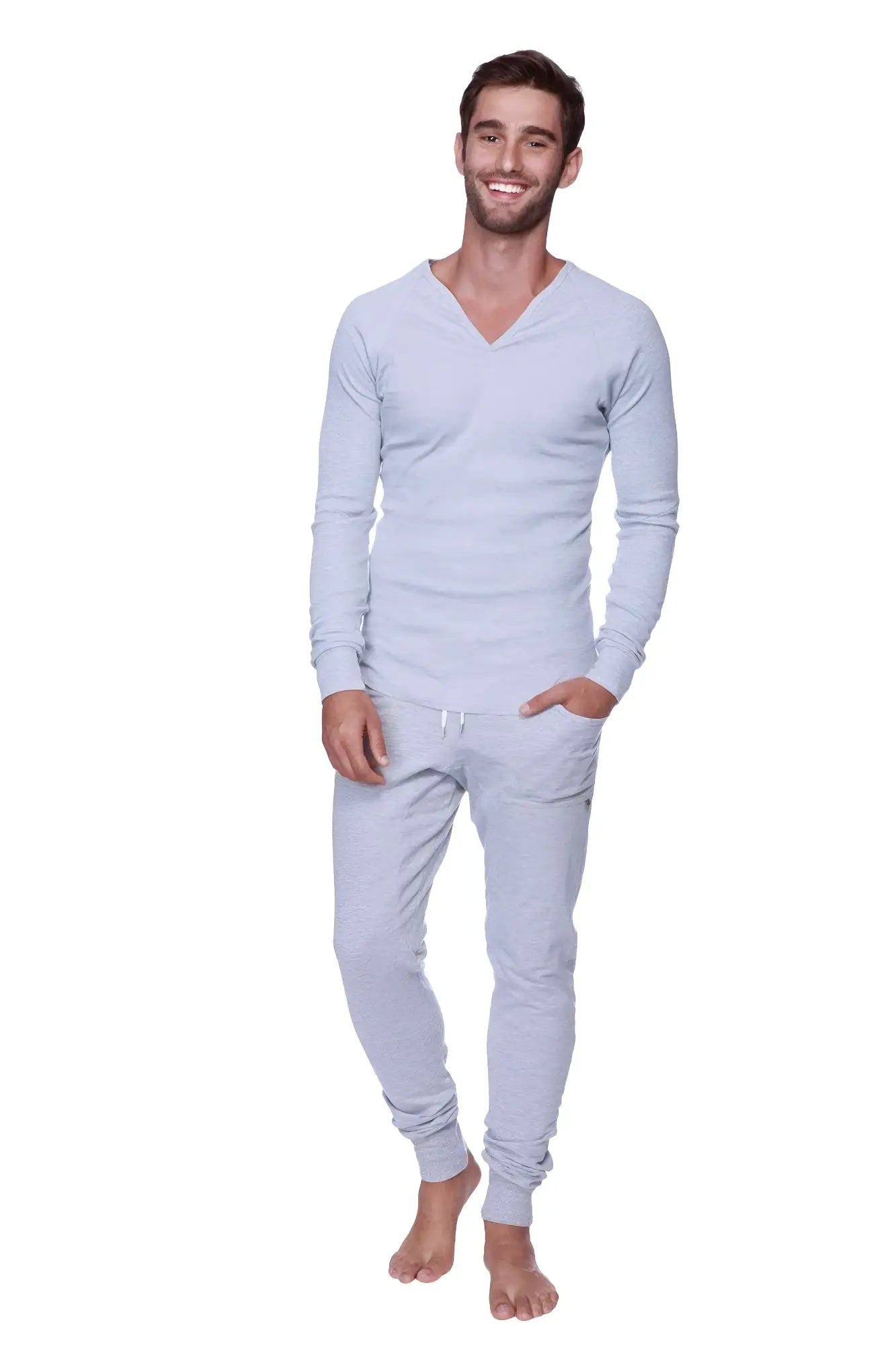 Light gray thermal v-neck long sleeve top and matching jogger pants set in heather grey for casual wear