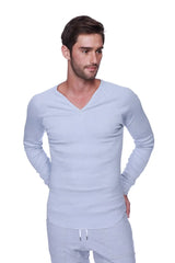 Thermal v neck long sleeve shirt in heather grey with a light gray subtle heathered texture for warmth and comfort