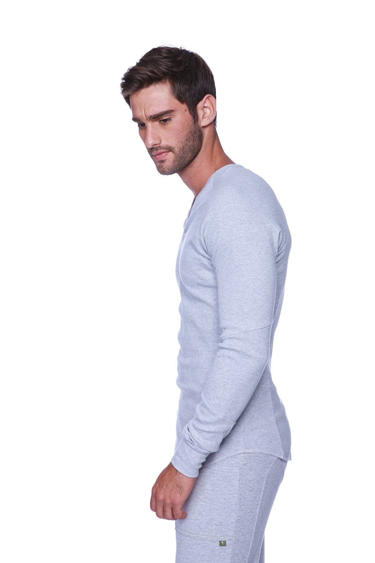 Light gray thermal v-neck long sleeve underwear set made of soft heathered fabric for cold weather layering