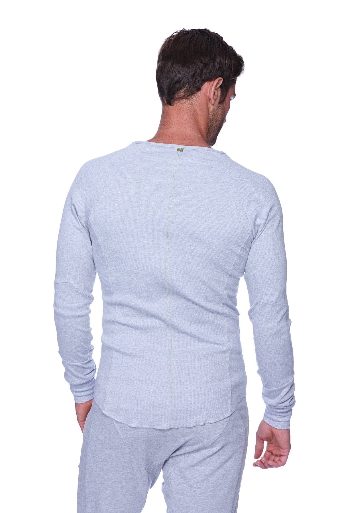 Thermal v-neck long sleeve heather grey shirt with light gray heathered fabric and subtle ribbed cuffs
