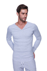 Thermal v neck long sleeve shirt in heather grey with a light gray subtle heathered texture for warmth and comfort