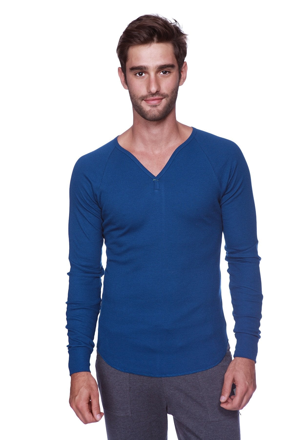 A men’s thermal v-neck long sleeve shirt in solid royal blue made from soft knit fabric for warmth and comfort
