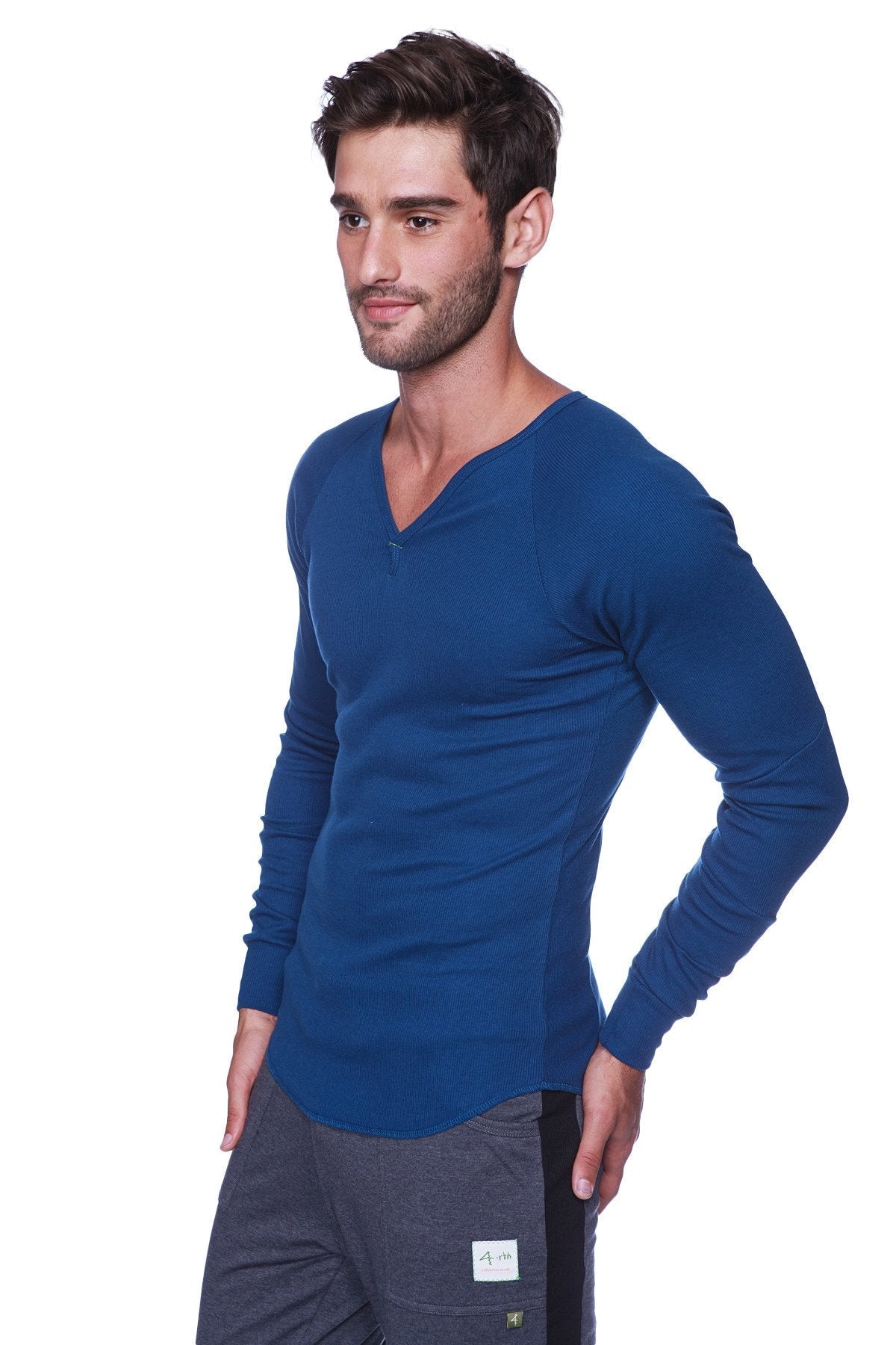A sleek royal blue thermal v-neck long sleeve shirt made of soft stretchy fabric for warmth and comfort
