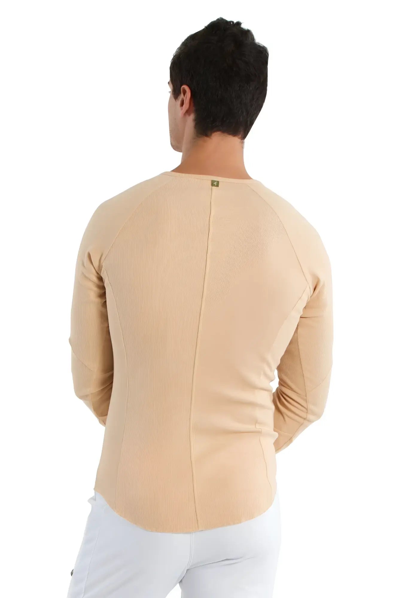 Beige thermal v neck long sleeve fitted shirt with subtle ribbed texture and central seam on back side