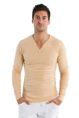 Beige thermal v-neck long sleeve shirt with subtle ribbed texture perfect for layering and casual wear