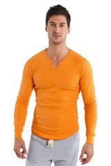 Orange thermal v-neck long sleeve shirt made of warm fabric ideal for casual and layering wear