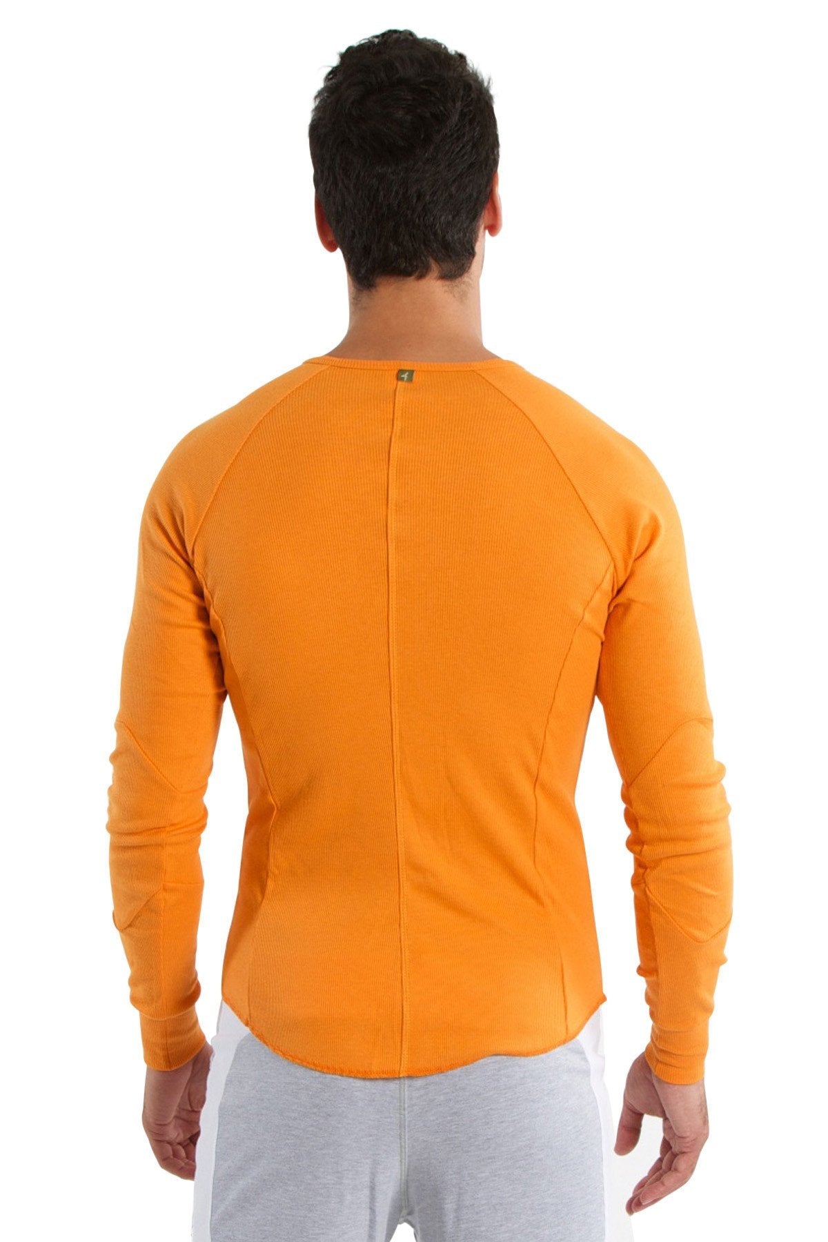 Thermal v-neck long sleeve in sun orange with ribbed back panel and raglan sleeves for athletic wear shown from back