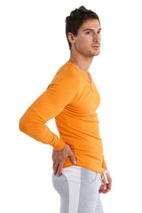Vibrant orange thermal v-neck long sleeve shirt with snug fit and subtle ribbed texture for warmth and style