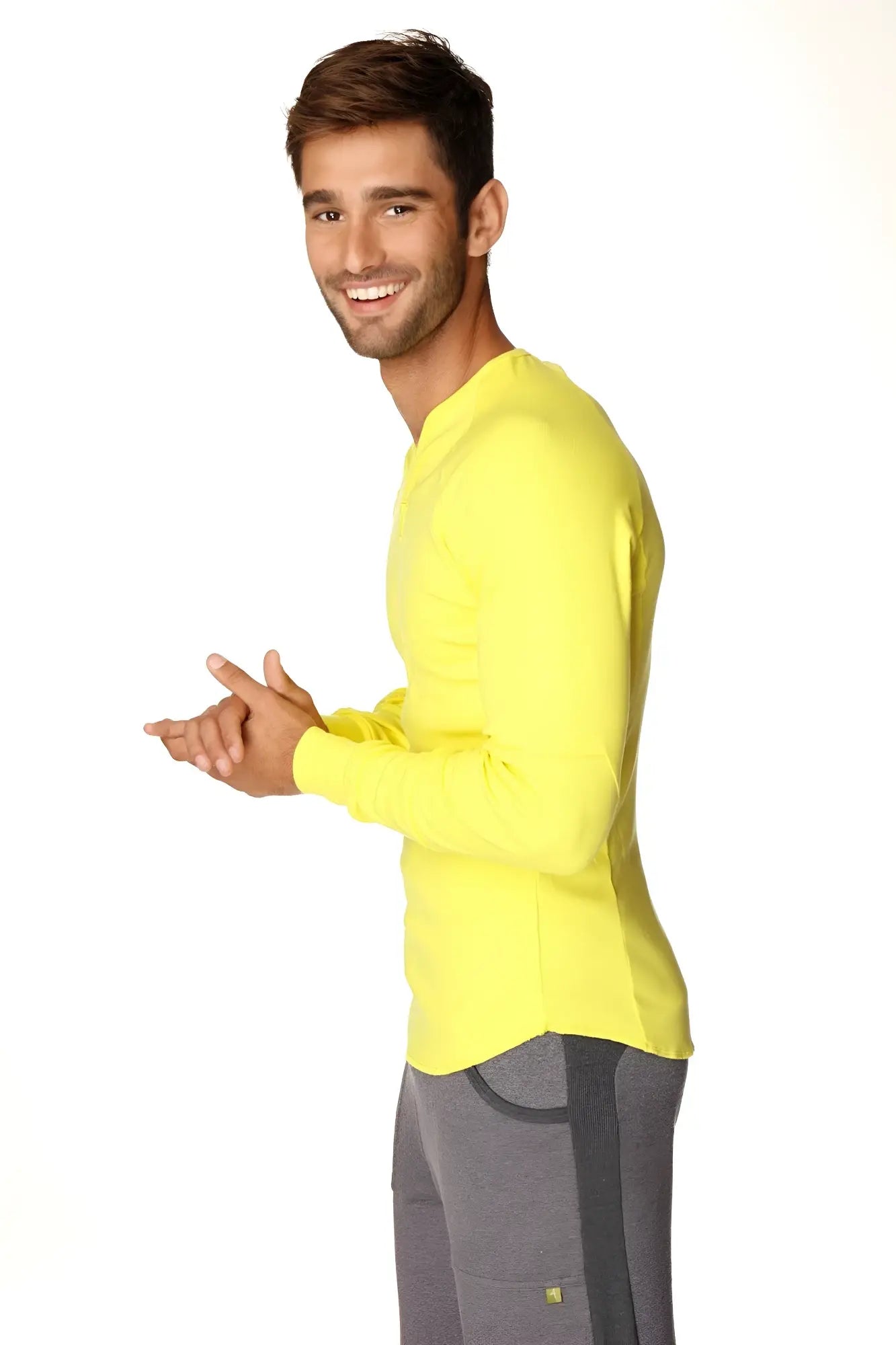 Bright yellow thermal v neck long sleeve top with crew neck design perfect for layering and warmth