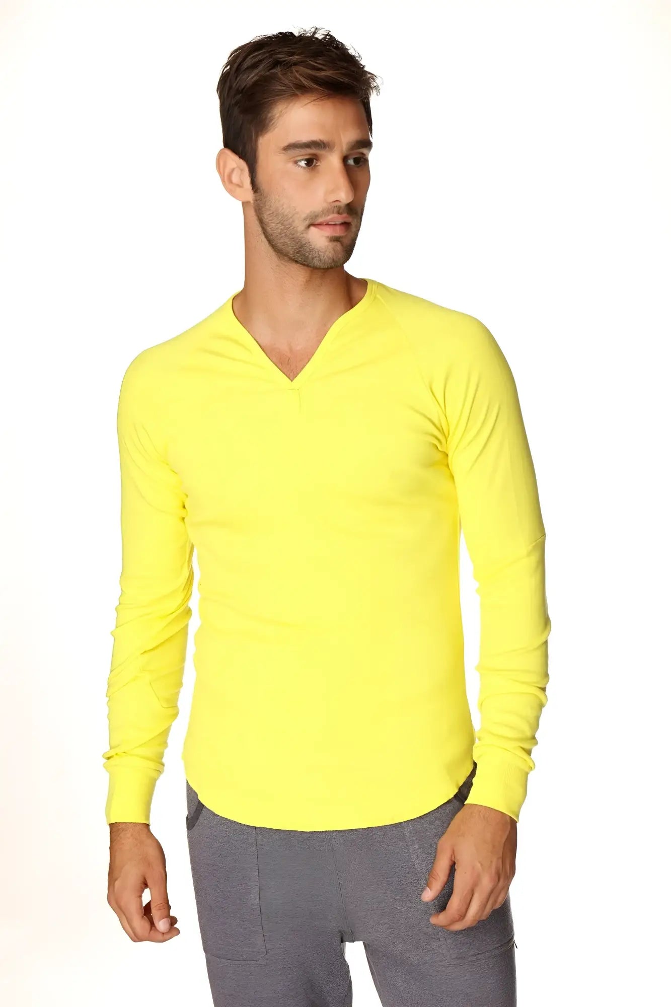 Bright yellow thermal v-neck long sleeve shirt with long sleeves in tropic yellow perfect for layering