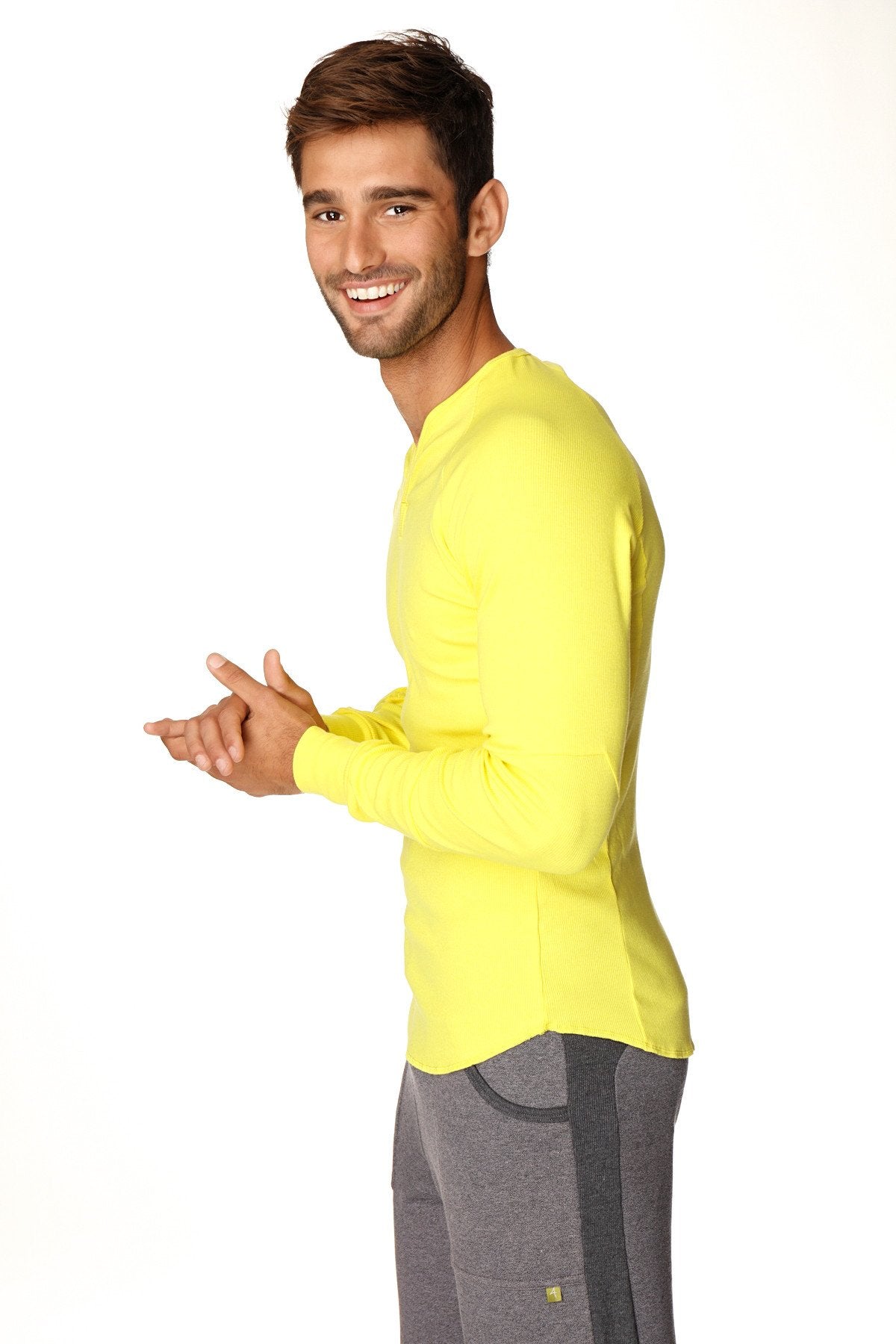 Bright yellow thermal v neck long sleeve top with crew neck design perfect for layering and warmth