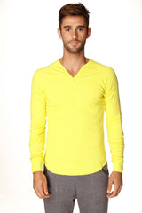 Bright yellow thermal v-neck long sleeve shirt made of warm material for cold weather layering
