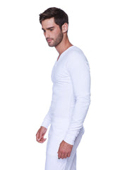 White thermal v-neck long sleeve underwear set made of warm fabric for cold weather layering
