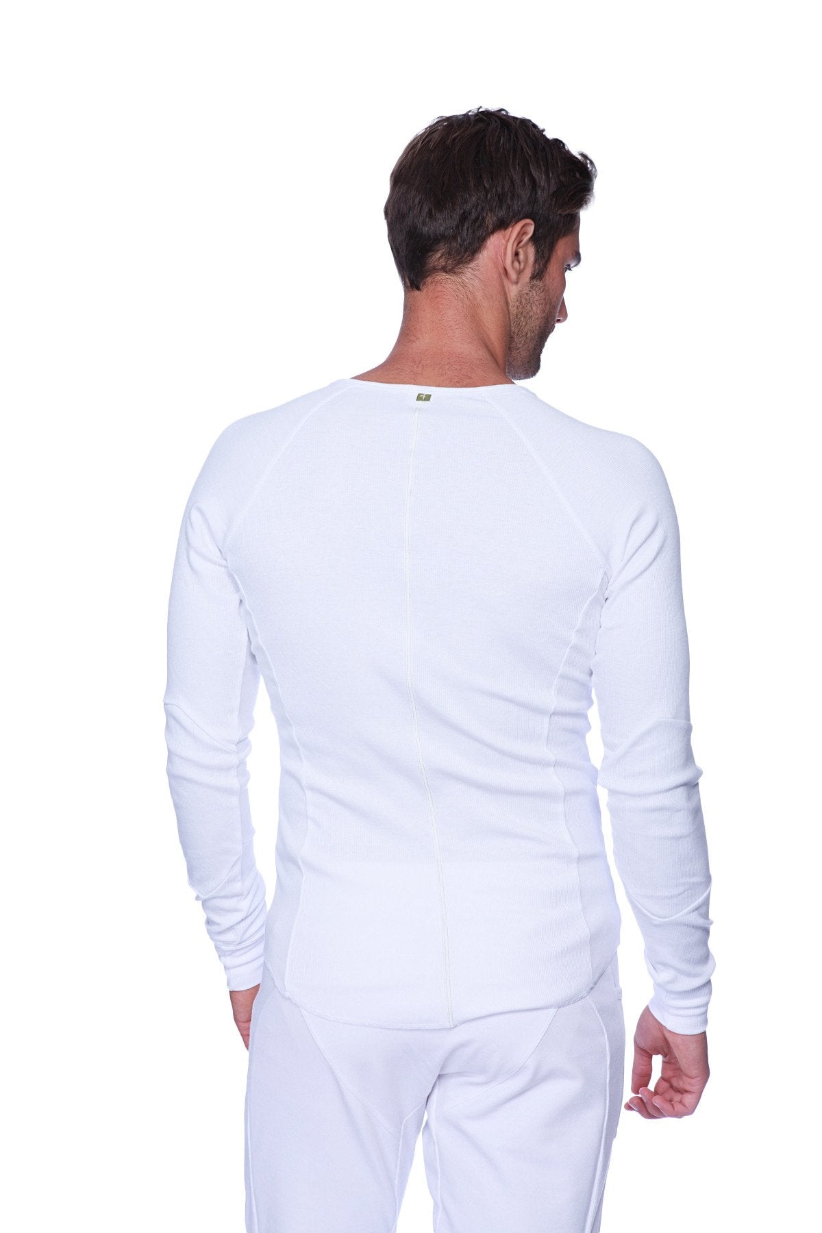 White thermal v-neck long sleeve shirt for men with crew neck and subtle seam detailing in soft fabric