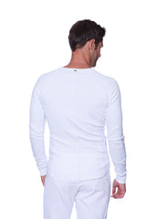 White thermal v-neck long sleeve shirt for men with crew neck and subtle seam detailing in soft fabric