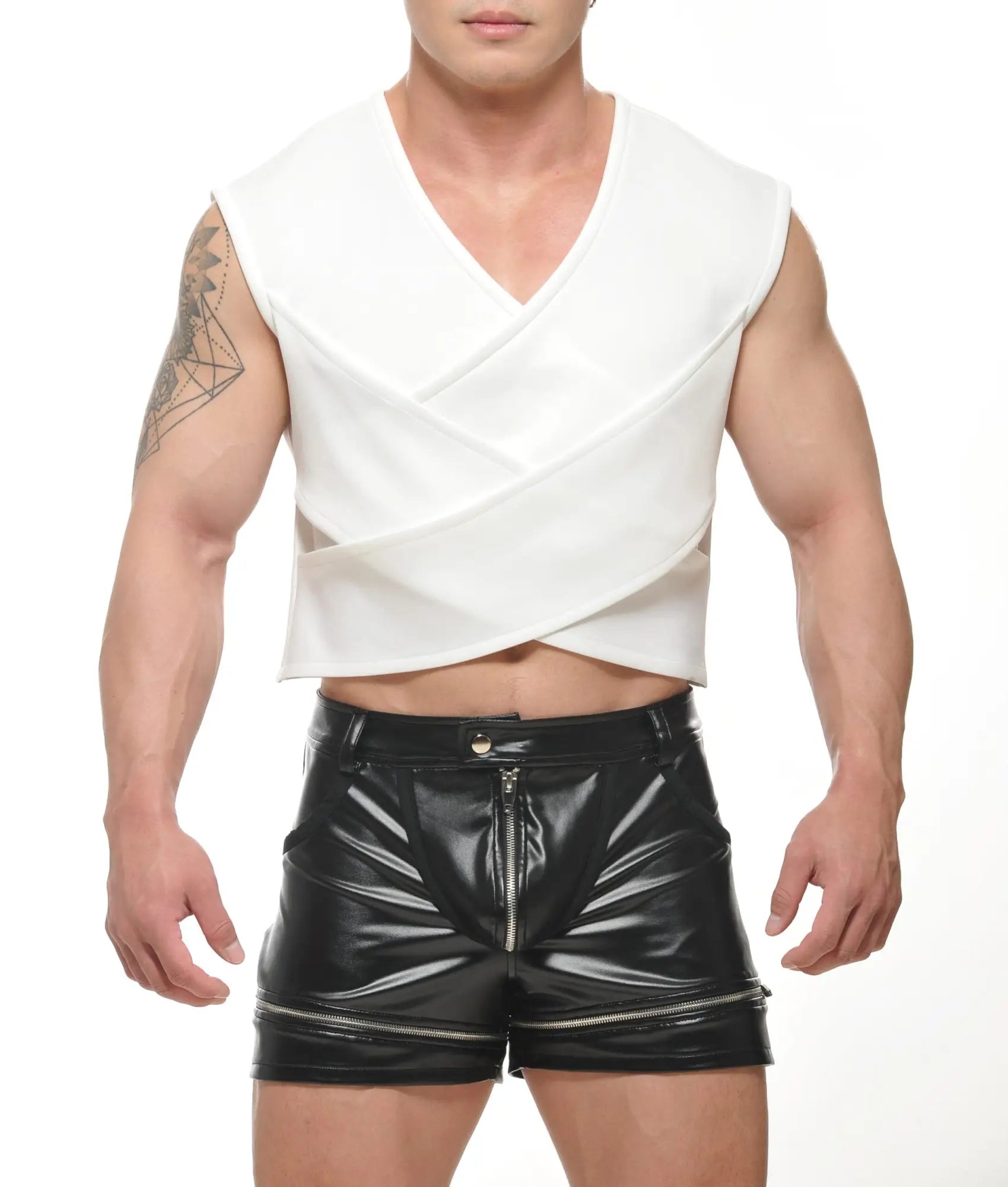 White sleeveless theta crop top with v-neck and crisscross front design perfect for casual wear