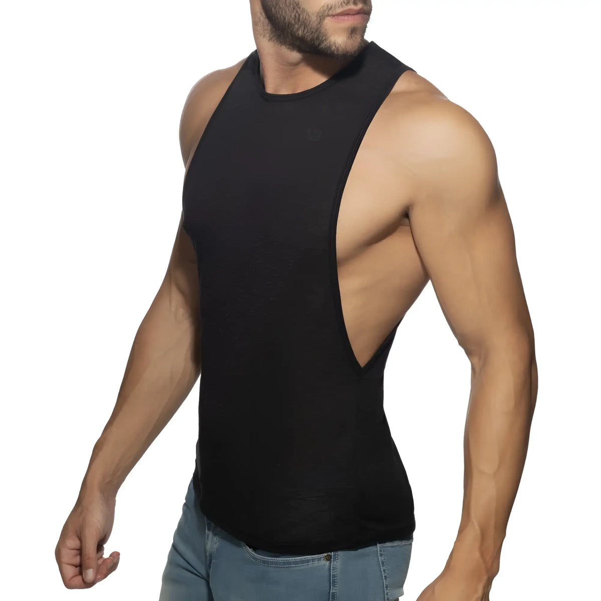 Black sleeveless athletic tank top thin flame low rider with cutout back design for active wear