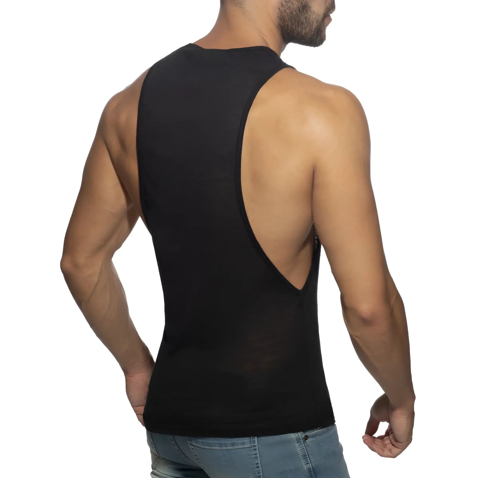 Black sleeveless tank top thin flame low rider with cutout back design for casual and active wear