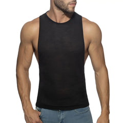 Black sleeveless tank top thin flame low rider with round neckline and fitted cut ideal for casual wear