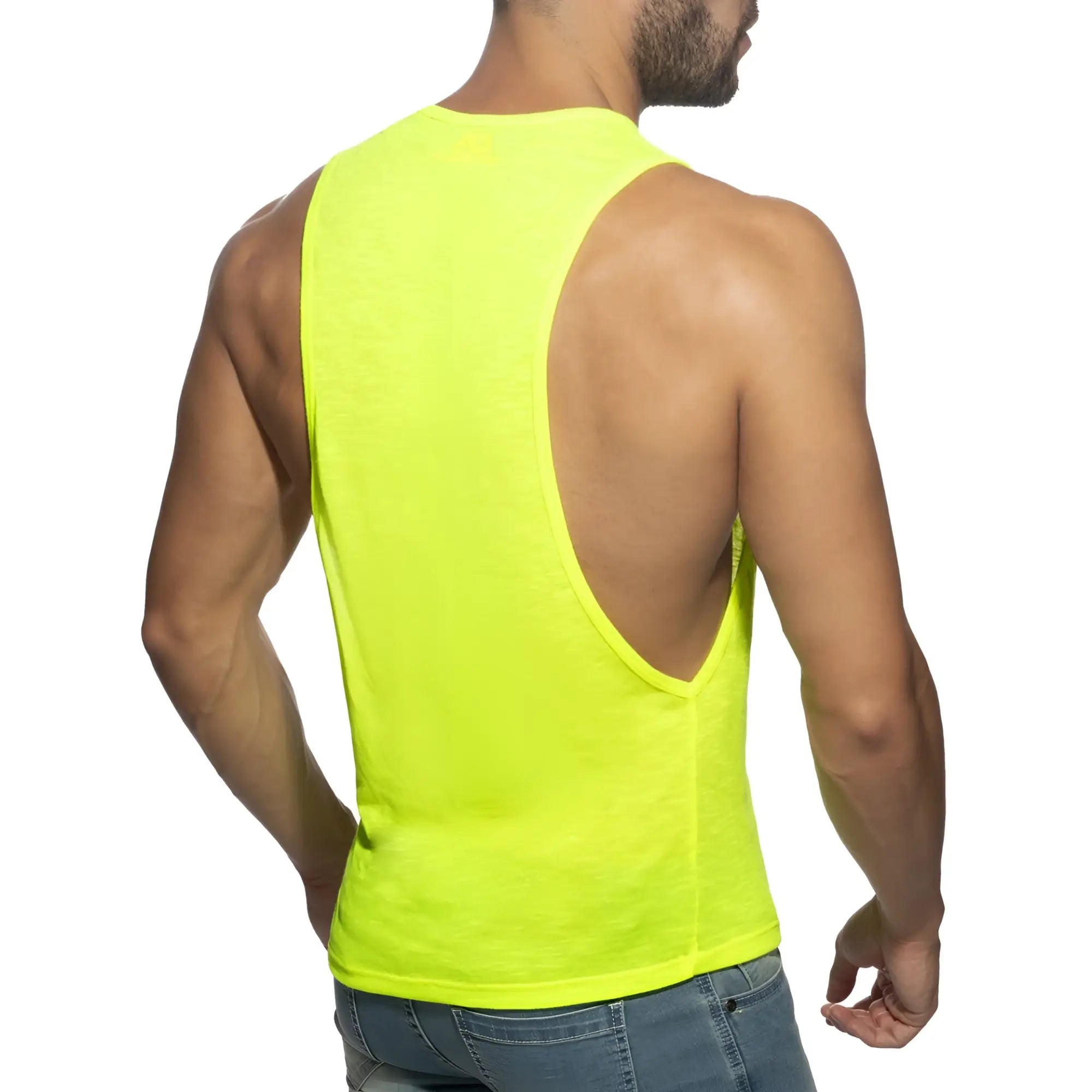 Bright neon yellow sleeveless tank top with deep back cutout shown from the back named thin flame low rider