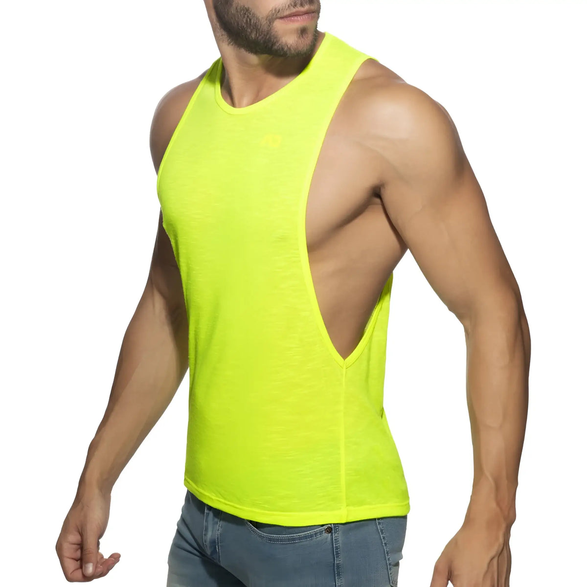 Bright neon yellow sleeveless tank top thin flame low rider with distinctive back cutout shown from the back side