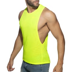 Bright neon yellow sleeveless tank top thin flame low rider with distinctive back cutout shown from the back side