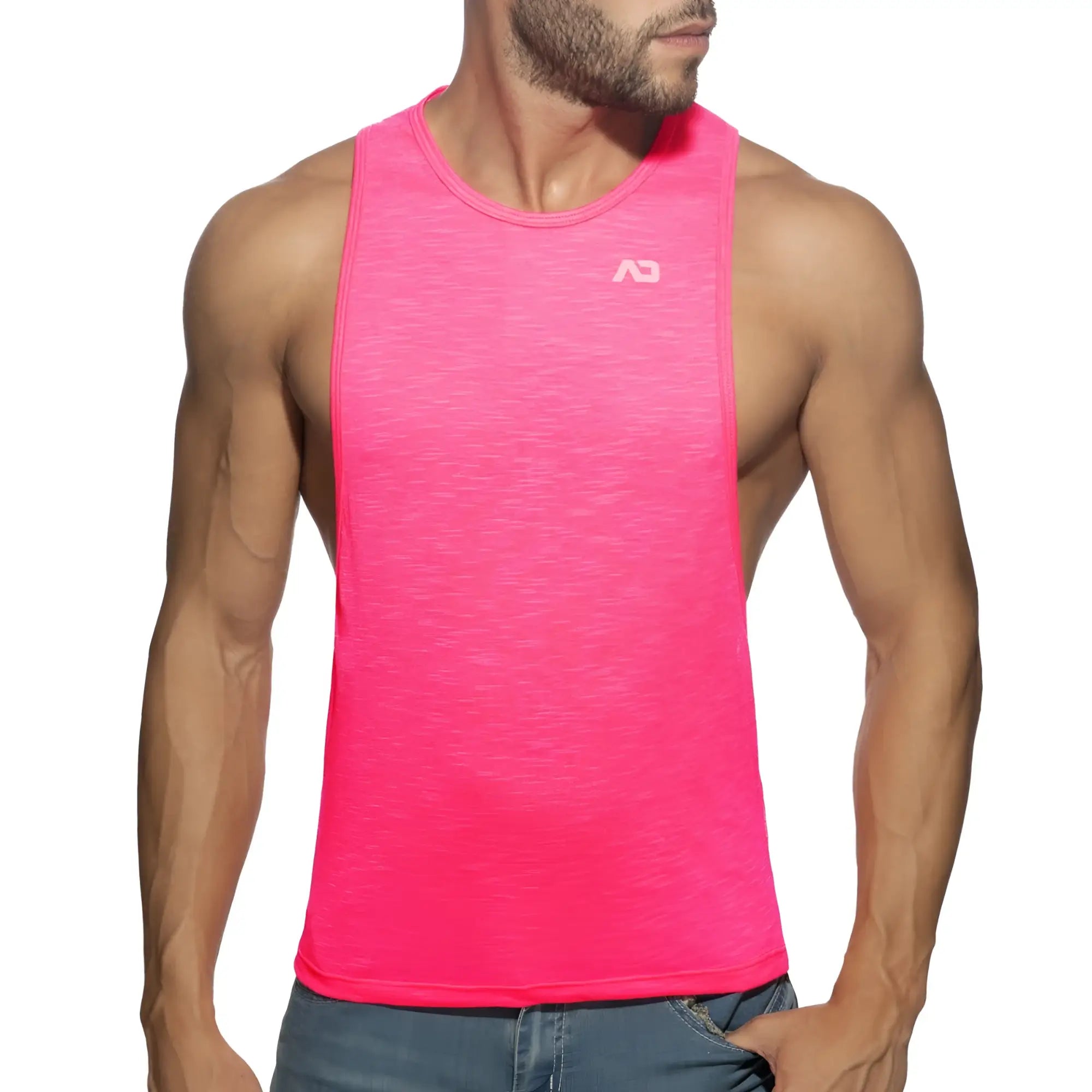 Bright pink thin flame low rider athletic tank top with subtle heathered texture and small white logo on chest