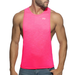 Bright pink thin flame low rider athletic tank top with subtle heathered texture and small white logo on chest