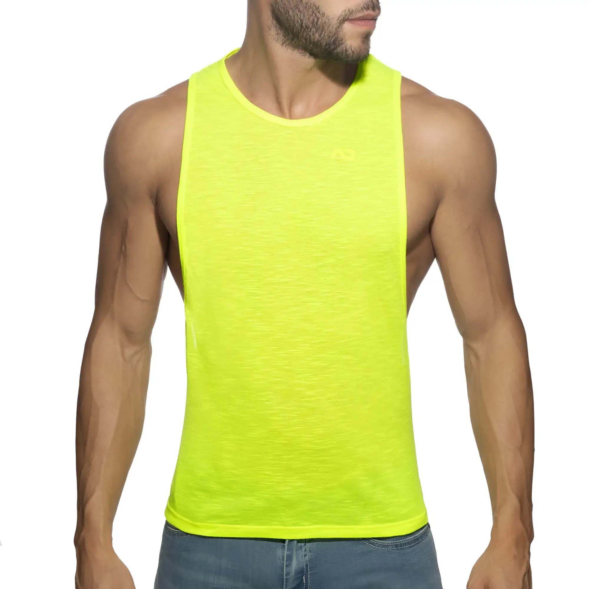 Neon yellow thin flame low rider sleeveless athletic tank top designed for lightweight performance and breathability