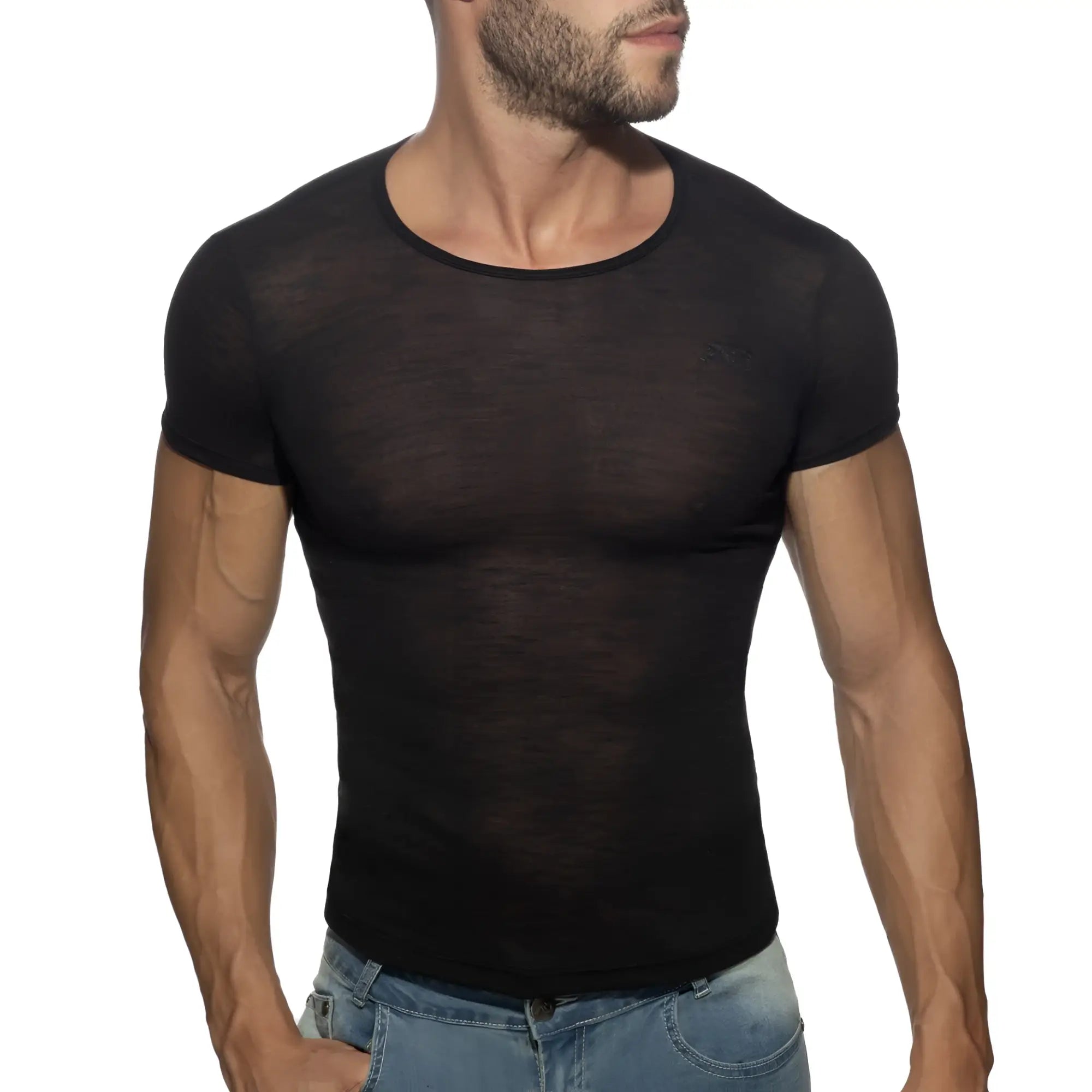 Black thin flame t-shirt made of sheer mesh with short sleeves and a round neckline for a lightweight look