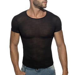 Black thin flame t-shirt made of sheer mesh with short sleeves and a round neckline for a lightweight look