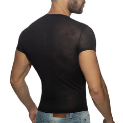 Black sheer short-sleeved thin flame t-shirt with fitted design made of lightweight breathable fabric