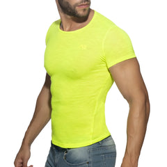 Bright neon yellow thin flame t-shirt with a fitted design and subtle brand logo on the chest