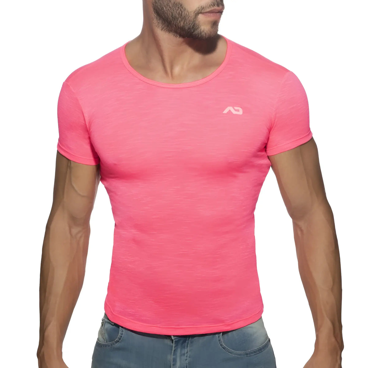 Thin flame t-shirt vibrant pink short-sleeved athletic shirt with subtle heathered texture and small white logo on chest