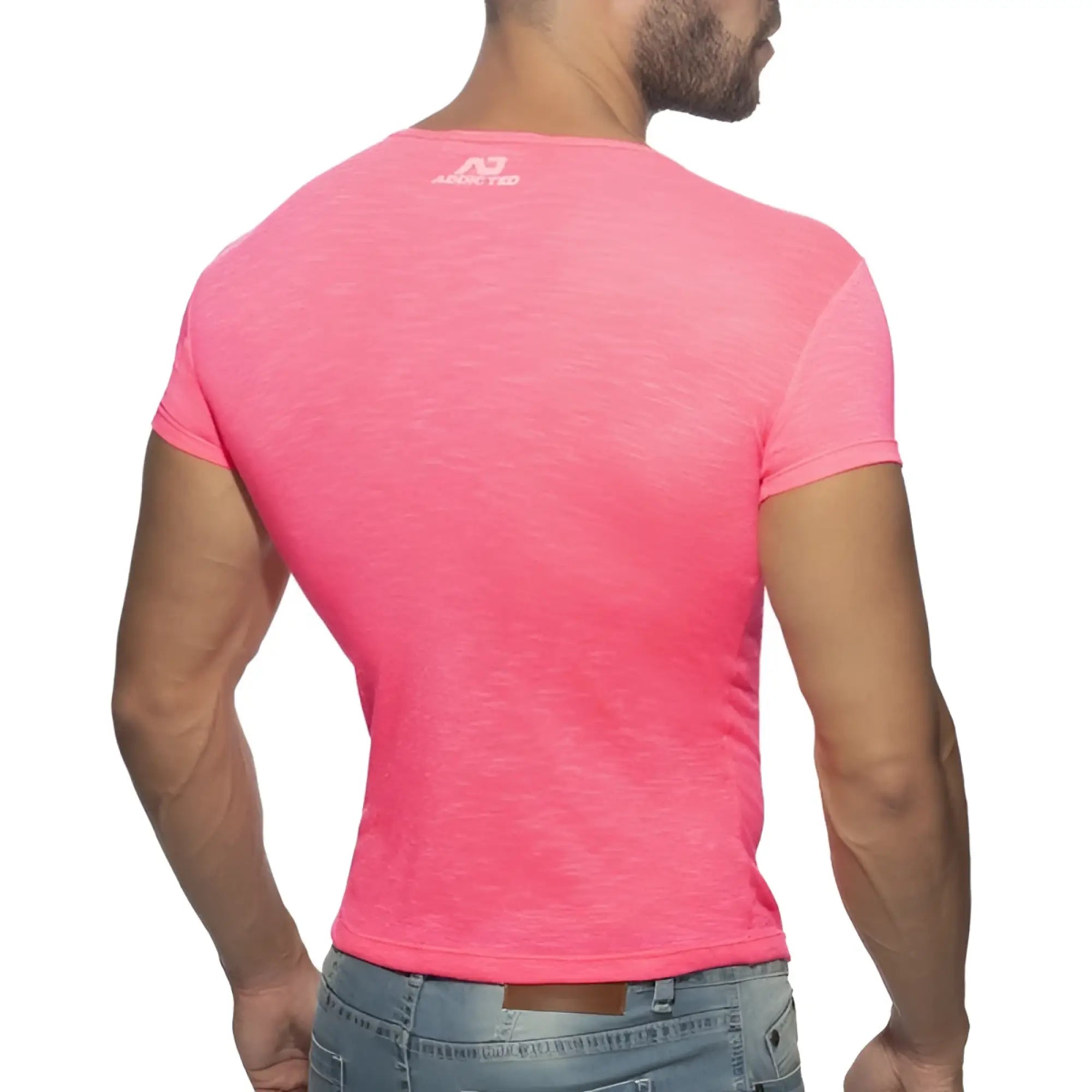 Back view of thin flame men’s t-shirt in vibrant pink with subtle textured fabric and arena logo