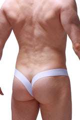 White minimalist petitq thong with sleek v-shaped design and smooth fabric shown from the back side
