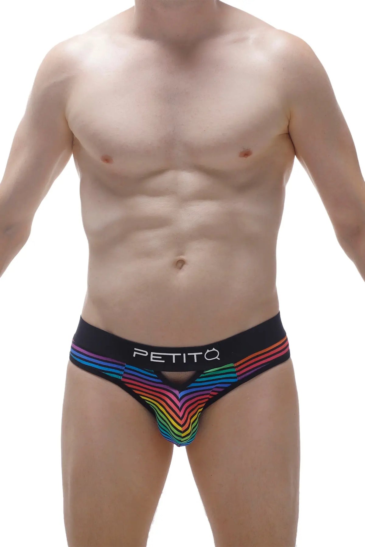 Black men’s briefs with vibrant rainbow chevron pattern and petitq logo waistband from the Thong Alouis Monti collection