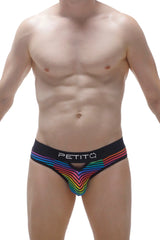 Black men’s briefs with vibrant rainbow chevron pattern and petitq logo waistband from the Thong Alouis Monti collection