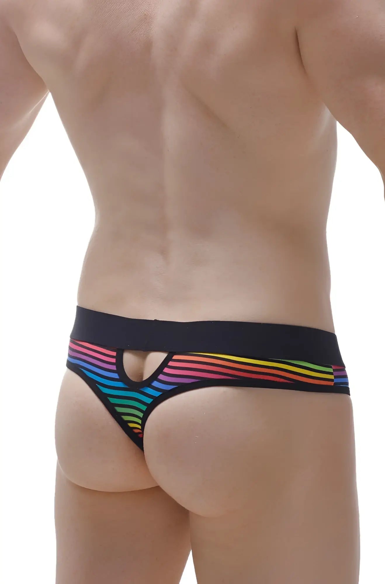 Thong Alouis Monti rainbow-striped thong with black waistband and cutout detail shown from the back side