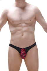 Black thong thong andlau ascan with bold red tiger stripe pattern on front for a striking lingerie look