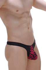 Black and red tiger-print thong with sheer mesh waistband front view from thong andlau ascan collection