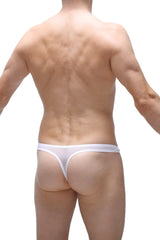 White sheer thong with thin smooth waistband shown from the back in carlot blue by andlau