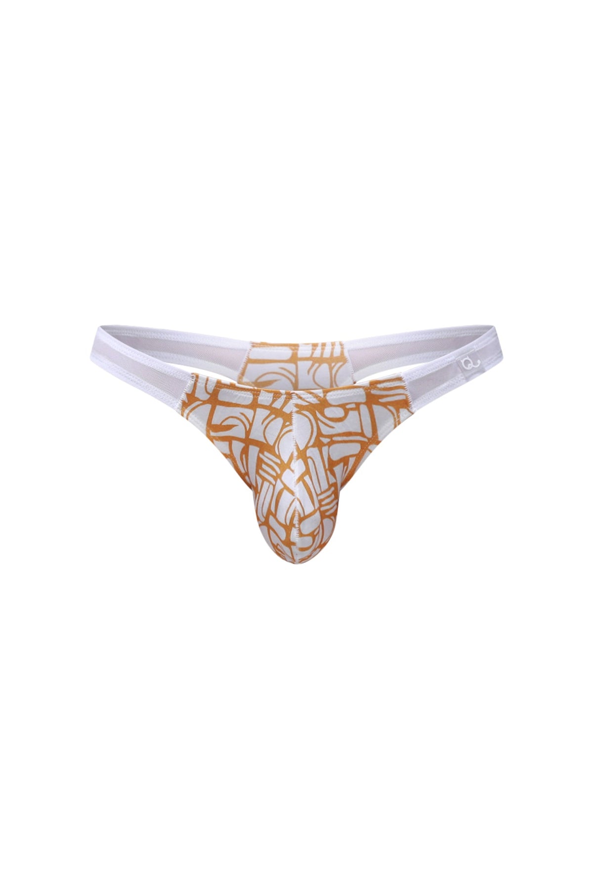 A white and gold patterned thong with geometric design from PetitQ thong Annoix Carlot alloy collection
