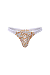 A white and gold patterned thong with geometric design from PetitQ thong Annoix Carlot alloy collection