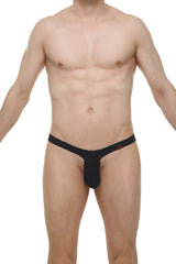 Black thong argis joe with a small red logo on the waistband showing the back side of the product
