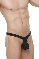 Black form-fitting thong argis joe black with smooth seamless design and small metallic tag on the side