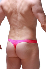 Thong Arkueil Bee Pink bright pink mesh textured thong with solid red waistband shown from the back side